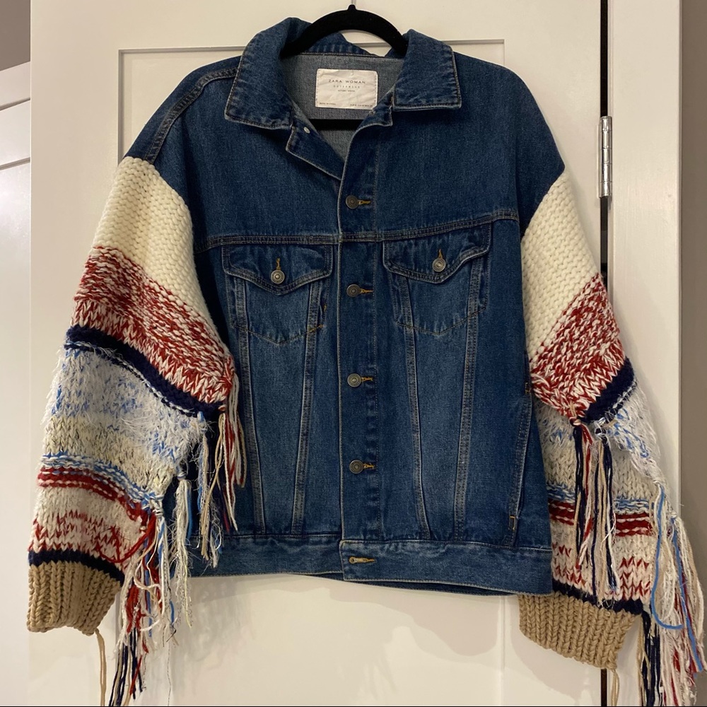 Zara denim jacket with knit sleeves